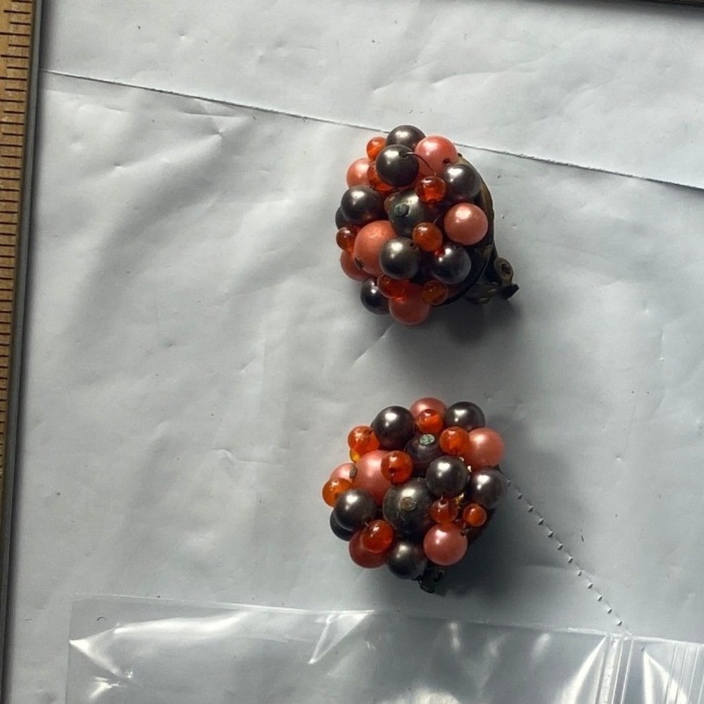 Vintage Beaded Cluster Clip On Earrings Orange Black Gray Retro Jewelry